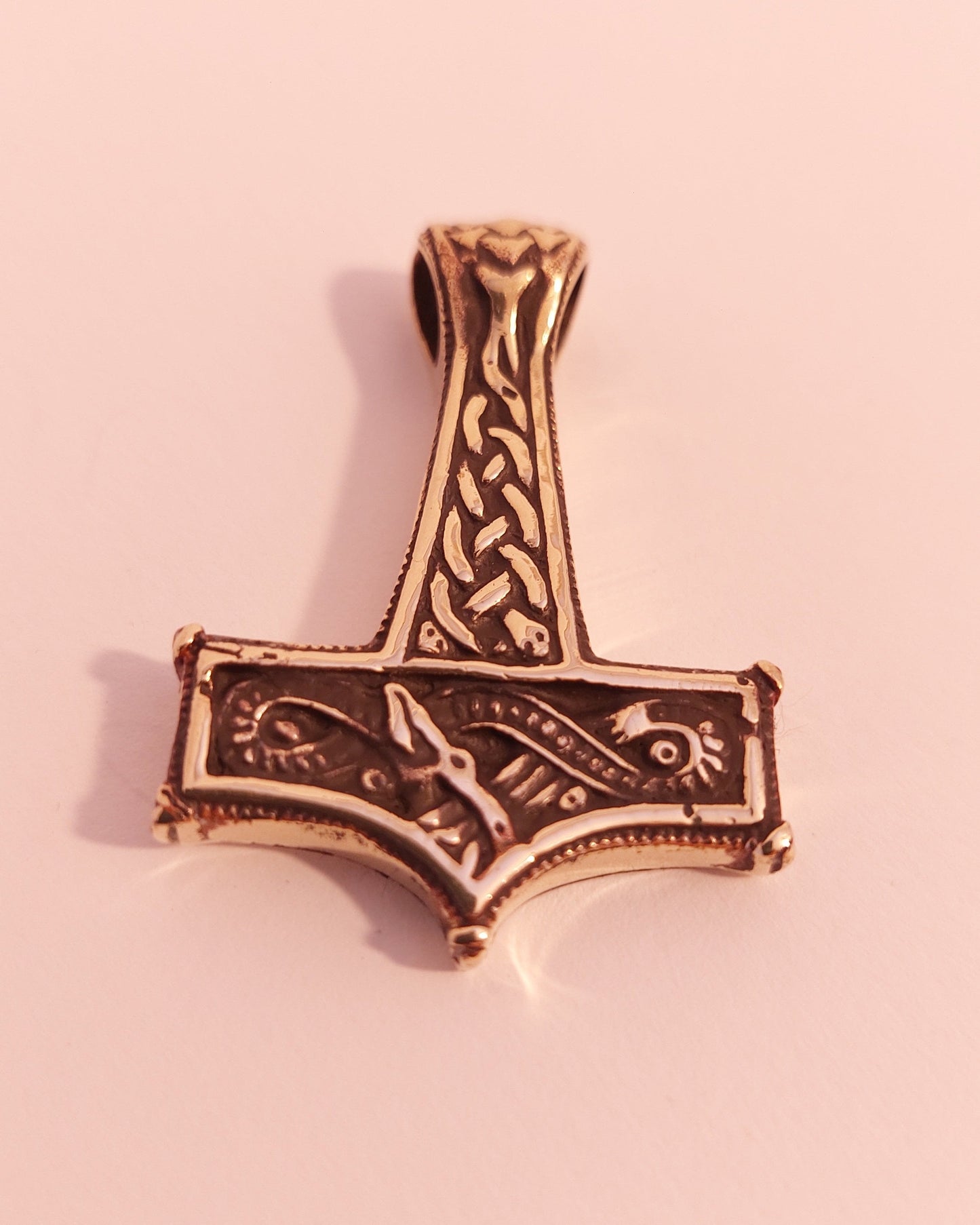 Thorshammer mit Wikingerdrachen und Knotenmuster - Kettenanhänger aus Silber/Bronze